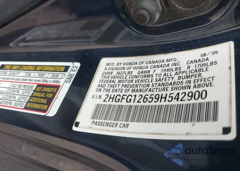 2009 Honda Civic Lx из США, поврежденный, VIN 2HGFG12659H542900